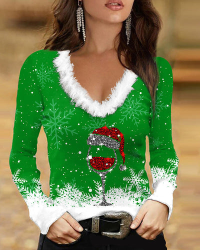 Christmas Printed long sleeve V-neck top