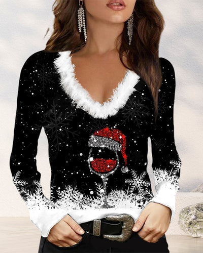Christmas Printed long sleeve V-neck top