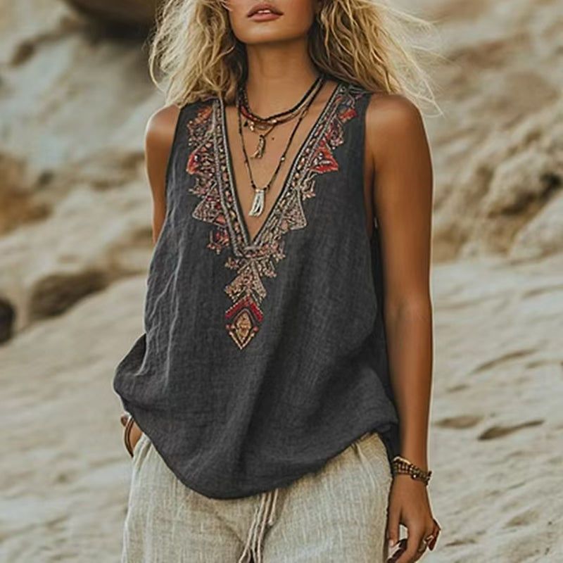 Aleka™ - VINTAGE BOHO SLEEVELESS LINEN TOP